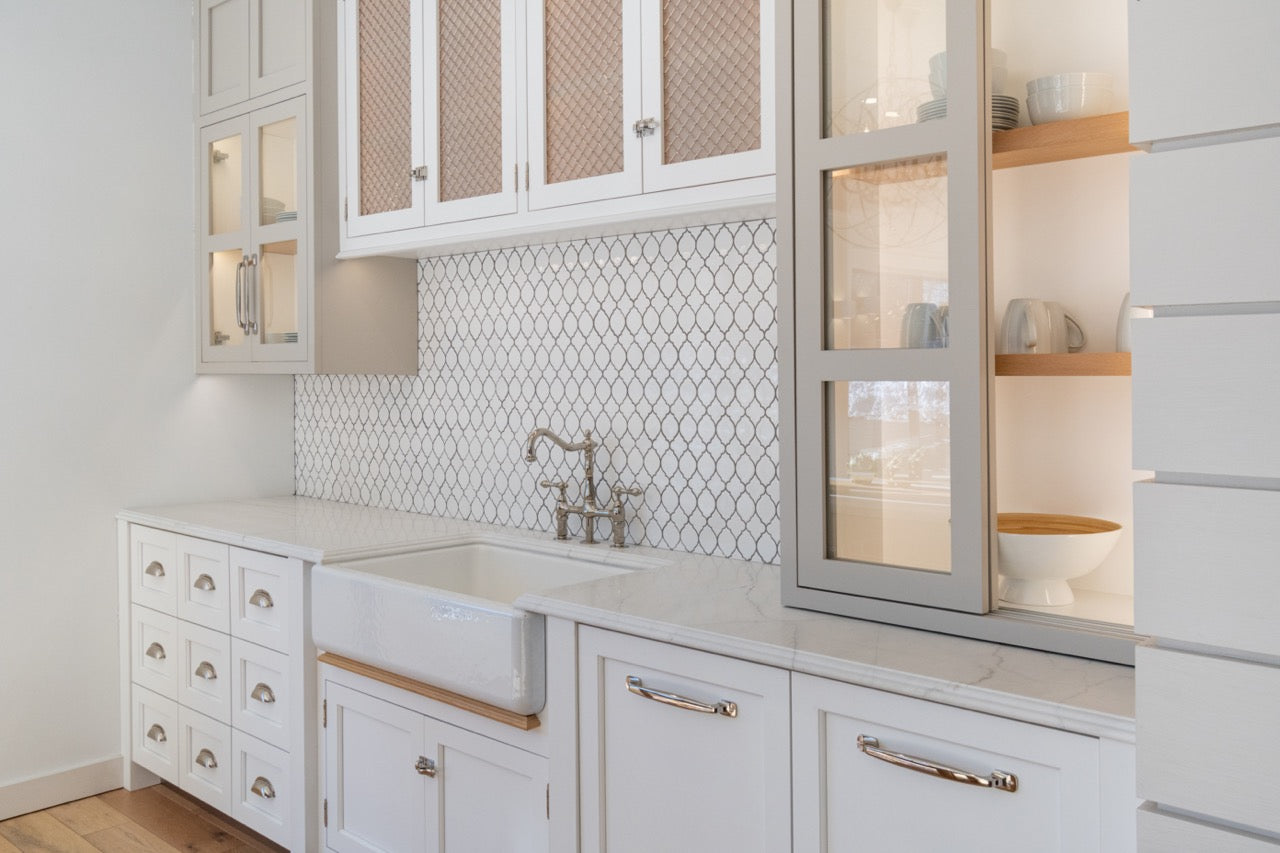 Plain & Fancy Transitional White Kitchen Cabinets with Oak Island & Farmhouse Sink