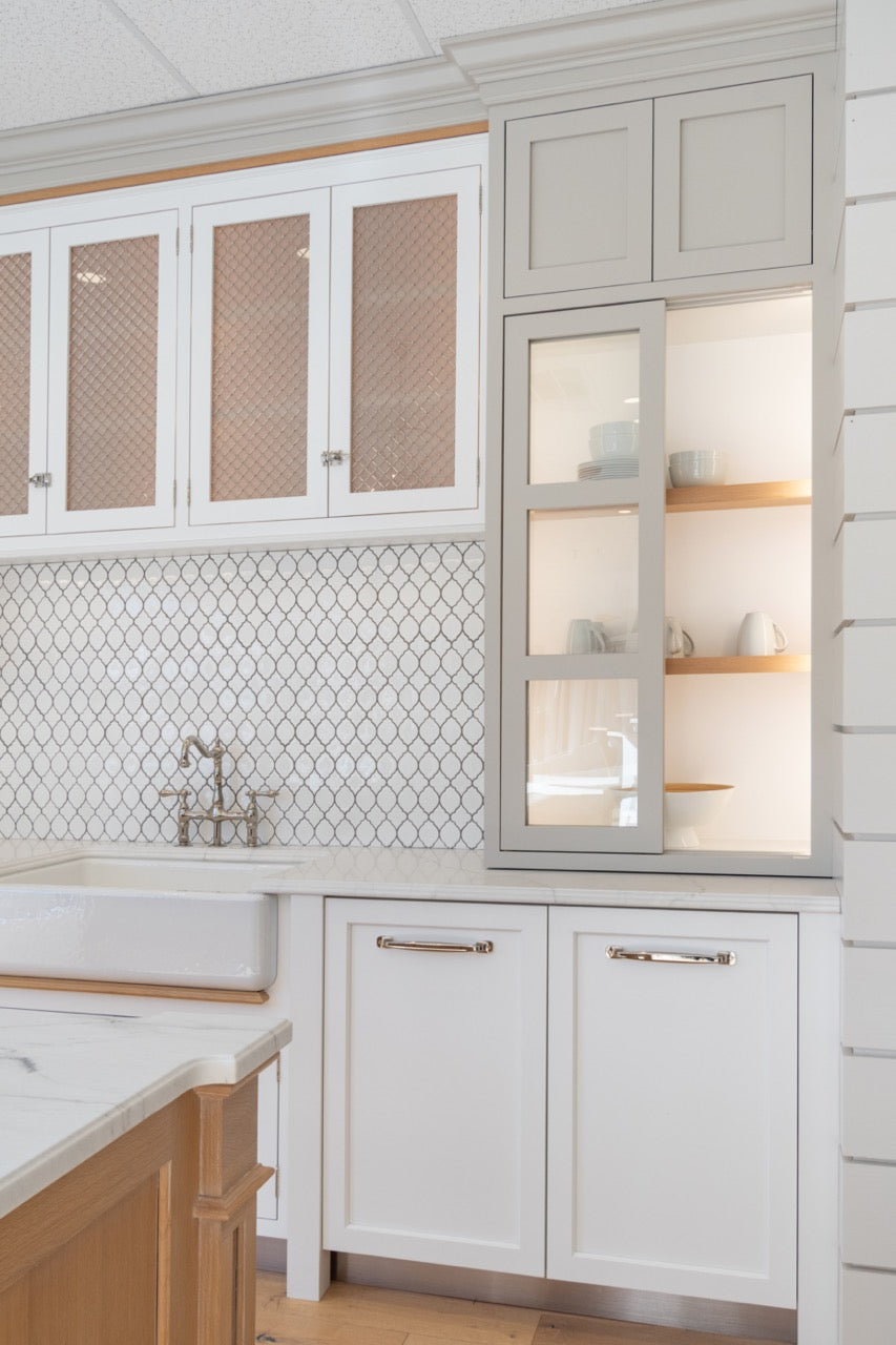 Plain & Fancy Transitional White Kitchen Cabinets with Oak Island & Farmhouse Sink