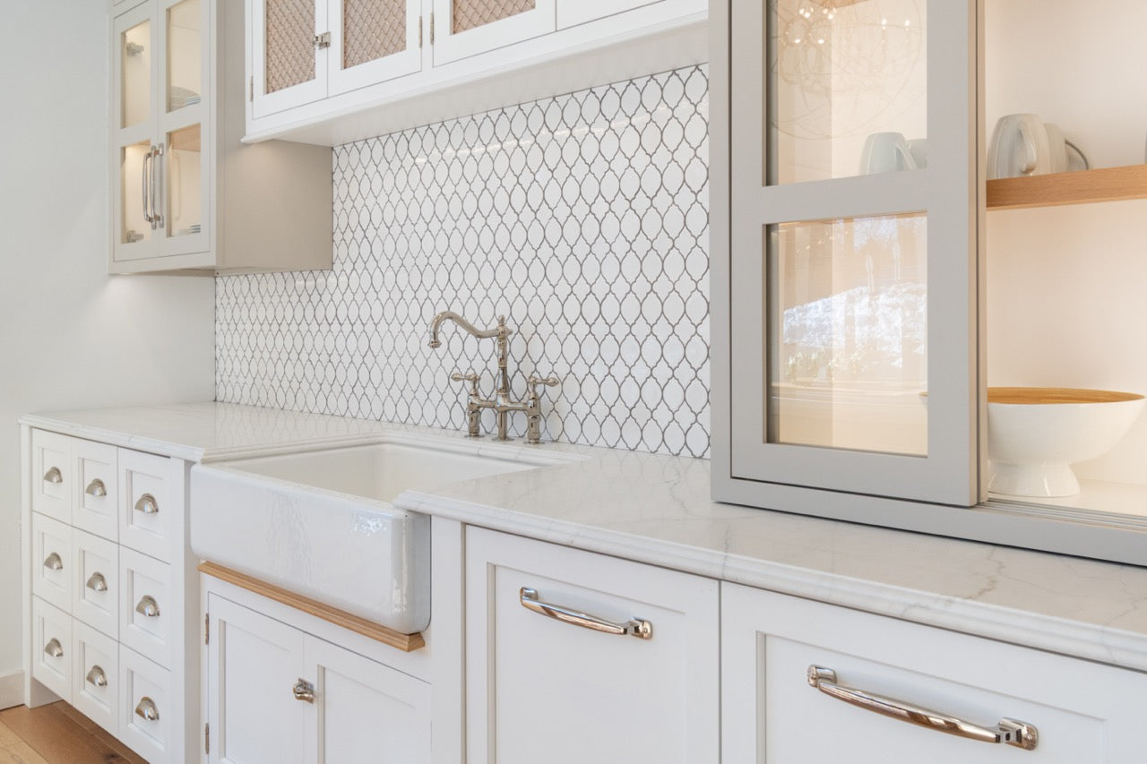 Plain & Fancy Transitional White Kitchen Cabinets with Oak Island & Farmhouse Sink