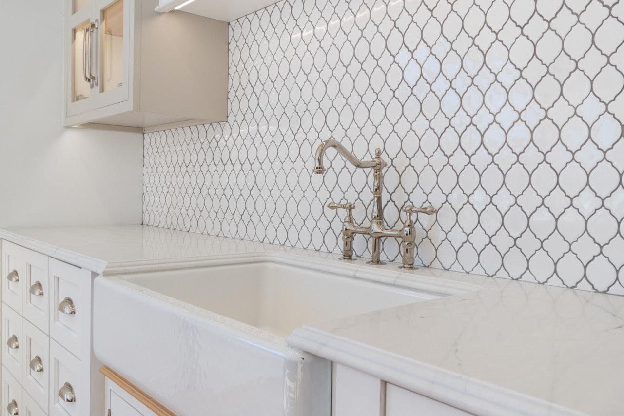 Plain & Fancy Transitional White Kitchen Cabinets with Oak Island & Farmhouse Sink