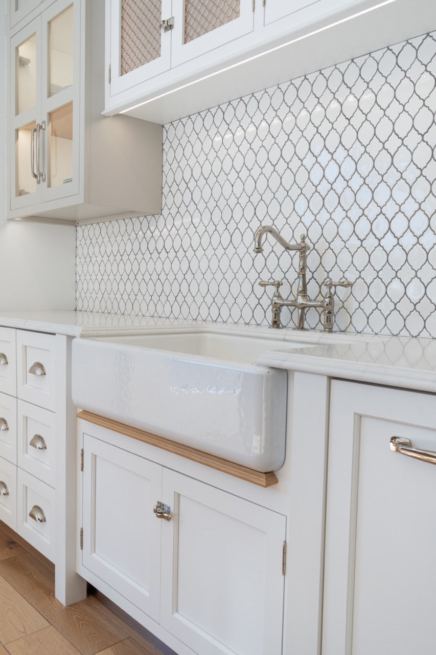Plain & Fancy Transitional White Kitchen Cabinets with Oak Island & Farmhouse Sink