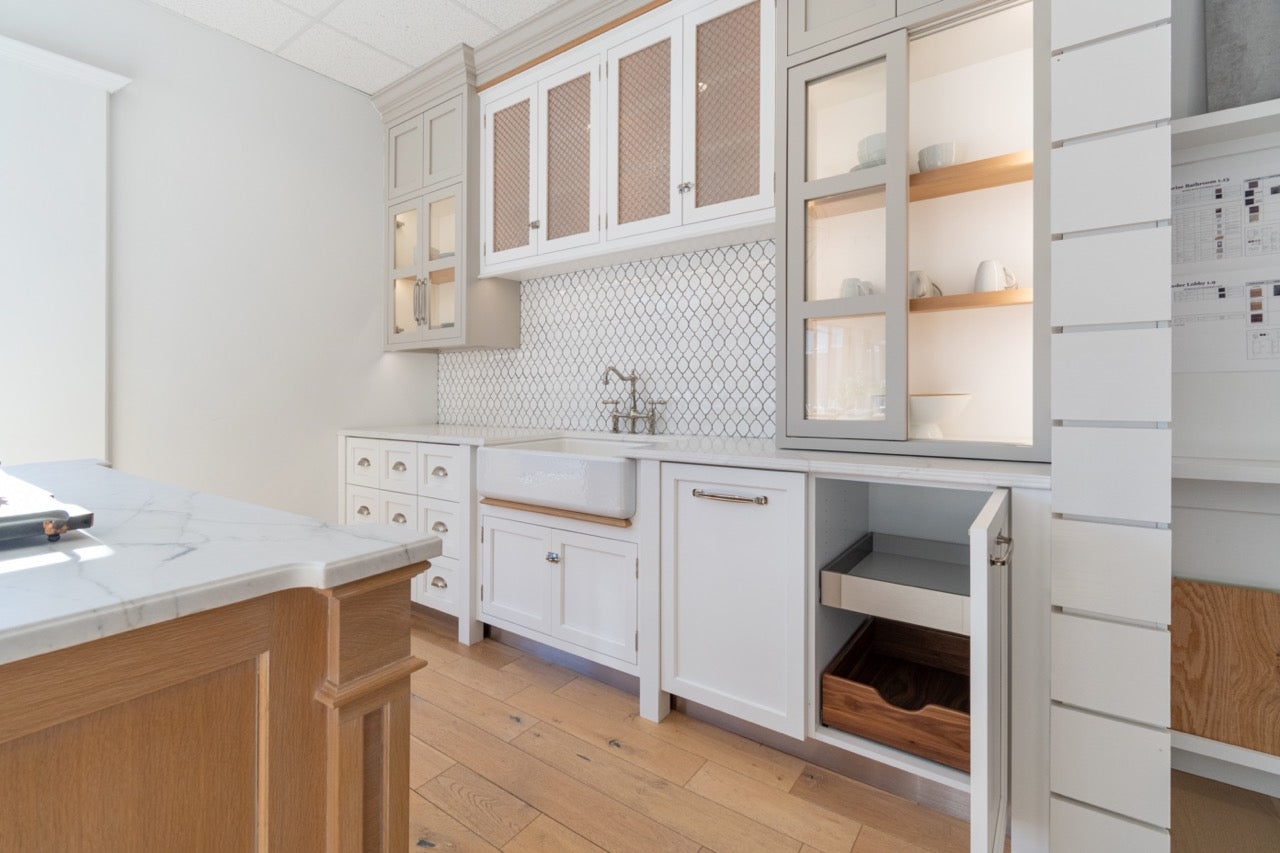 Plain & Fancy Transitional White Kitchen Cabinets with Oak Island & Farmhouse Sink