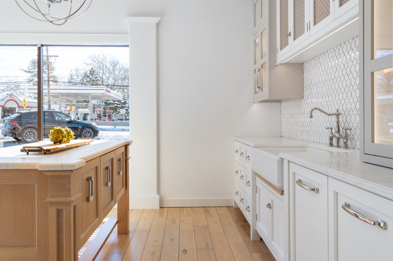 Plain & Fancy Transitional White Kitchen Cabinets with Oak Island & Farmhouse Sink