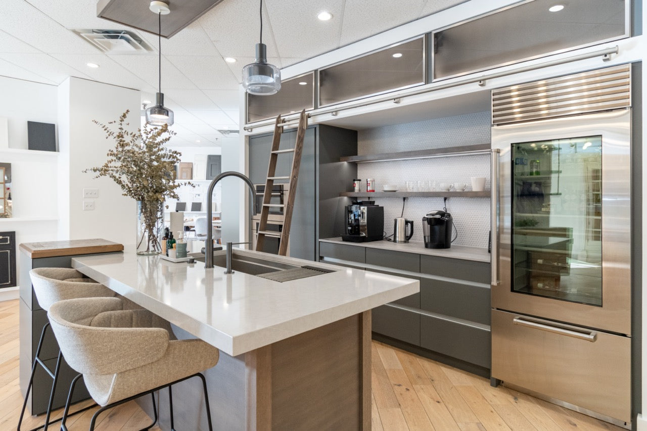 Modern Matte Gray Kitchen with Rift Cut White Oak Island and Wolf & Sub-Zero Appliances