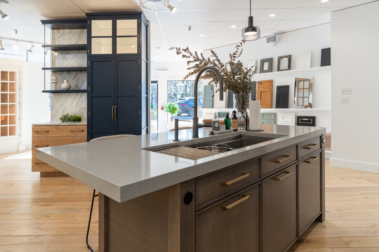 "The Ellery" Modern Matte Gray Kitchen with Rift Cut White Oak Island & Wolf/Sub-Zero Appliances