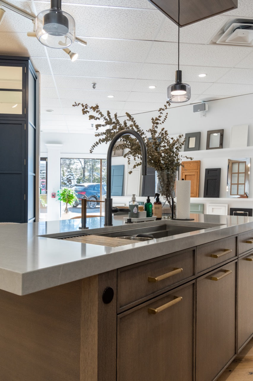 "The Ellery" Modern Matte Gray Kitchen with Rift Cut White Oak Island & Wolf/Sub-Zero Appliances