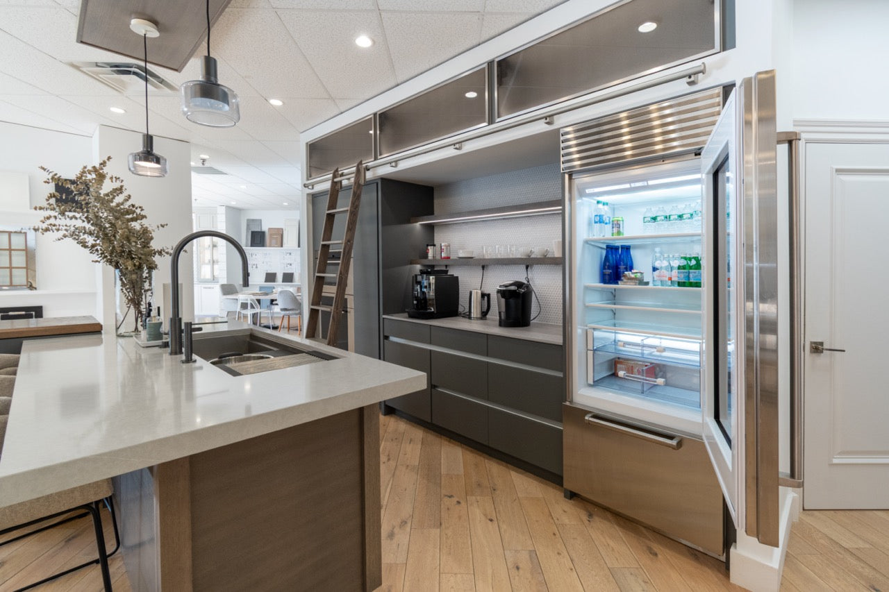 "The Ellery" Modern Matte Gray Kitchen with Rift Cut White Oak Island & Wolf/Sub-Zero Appliances