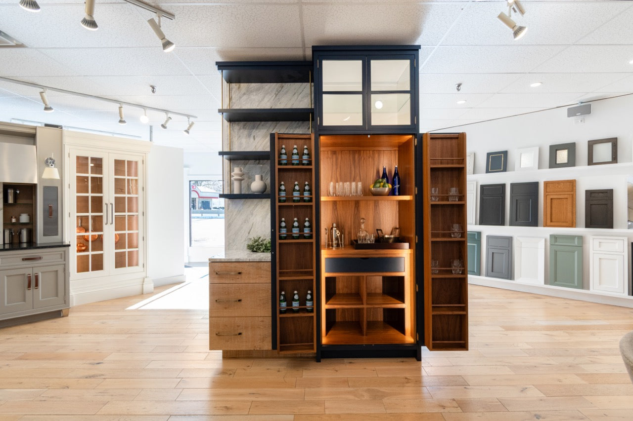 Dutch Made Transitional Navy and Wood Veneer Pantry Wall with Open Shelving