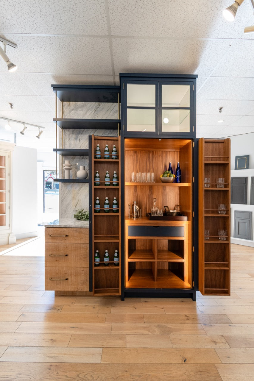 Dutch Made Transitional Navy and Wood Veneer Pantry Wall with Open Shelving