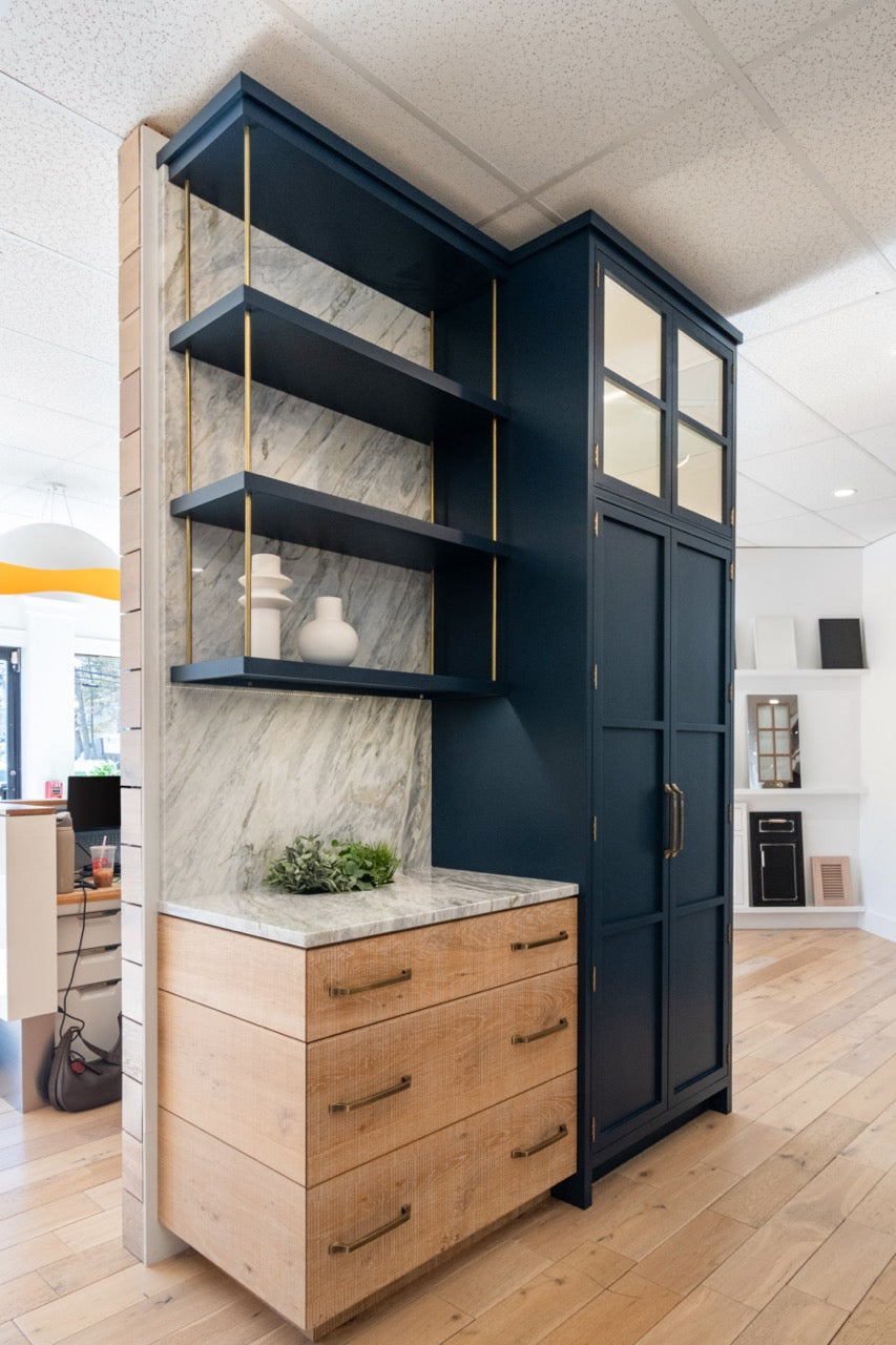 Dutch Made Transitional Navy and Wood Veneer Pantry Wall with Open Shelving