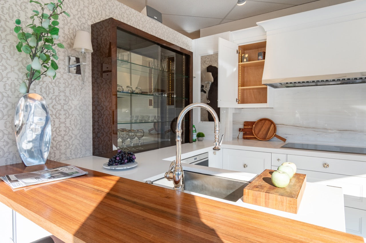 Rutt Regency Transitional White Kitchen with Wolf Appliances