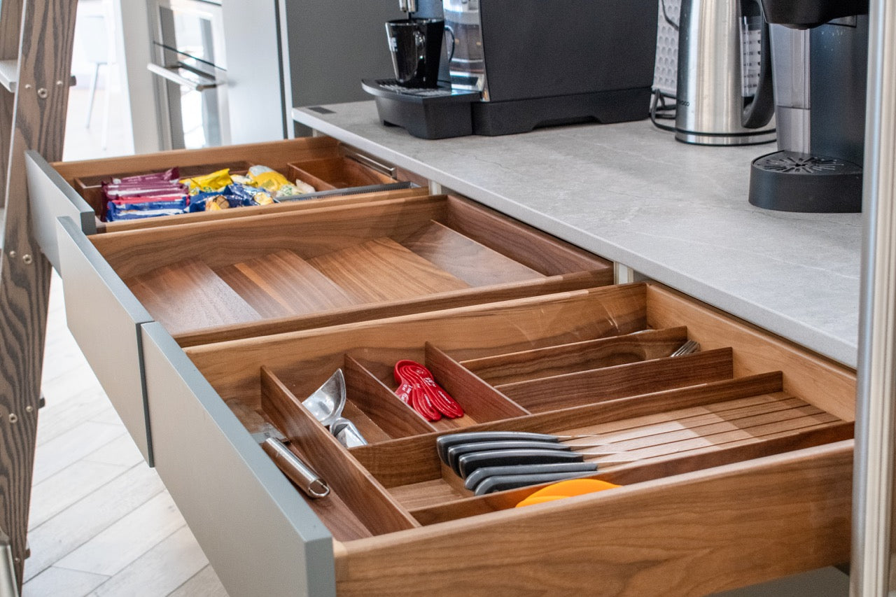 "The Ellery" Modern Matte Gray Kitchen with Rift Cut White Oak Island & Wolf/Sub-Zero Appliances