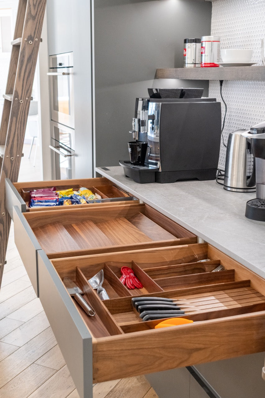 "The Ellery" Modern Matte Gray Kitchen with Rift Cut White Oak Island & Wolf/Sub-Zero Appliances