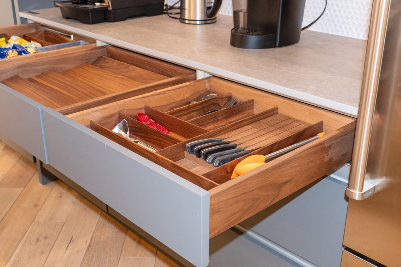 "The Ellery" Modern Matte Gray Kitchen with Rift Cut White Oak Island & Wolf/Sub-Zero Appliances