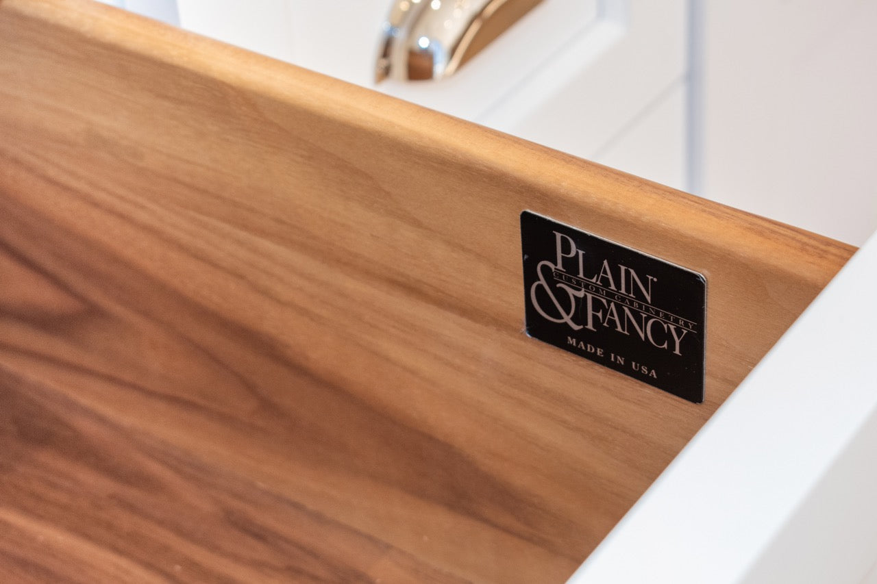 Plain & Fancy Transitional White Kitchen Cabinets with Oak Island & Farmhouse Sink