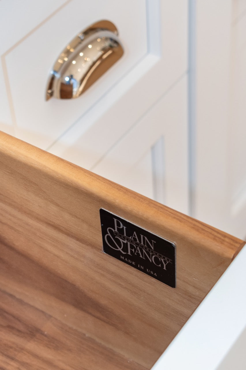 Plain & Fancy Transitional White Kitchen Cabinets with Oak Island & Farmhouse Sink