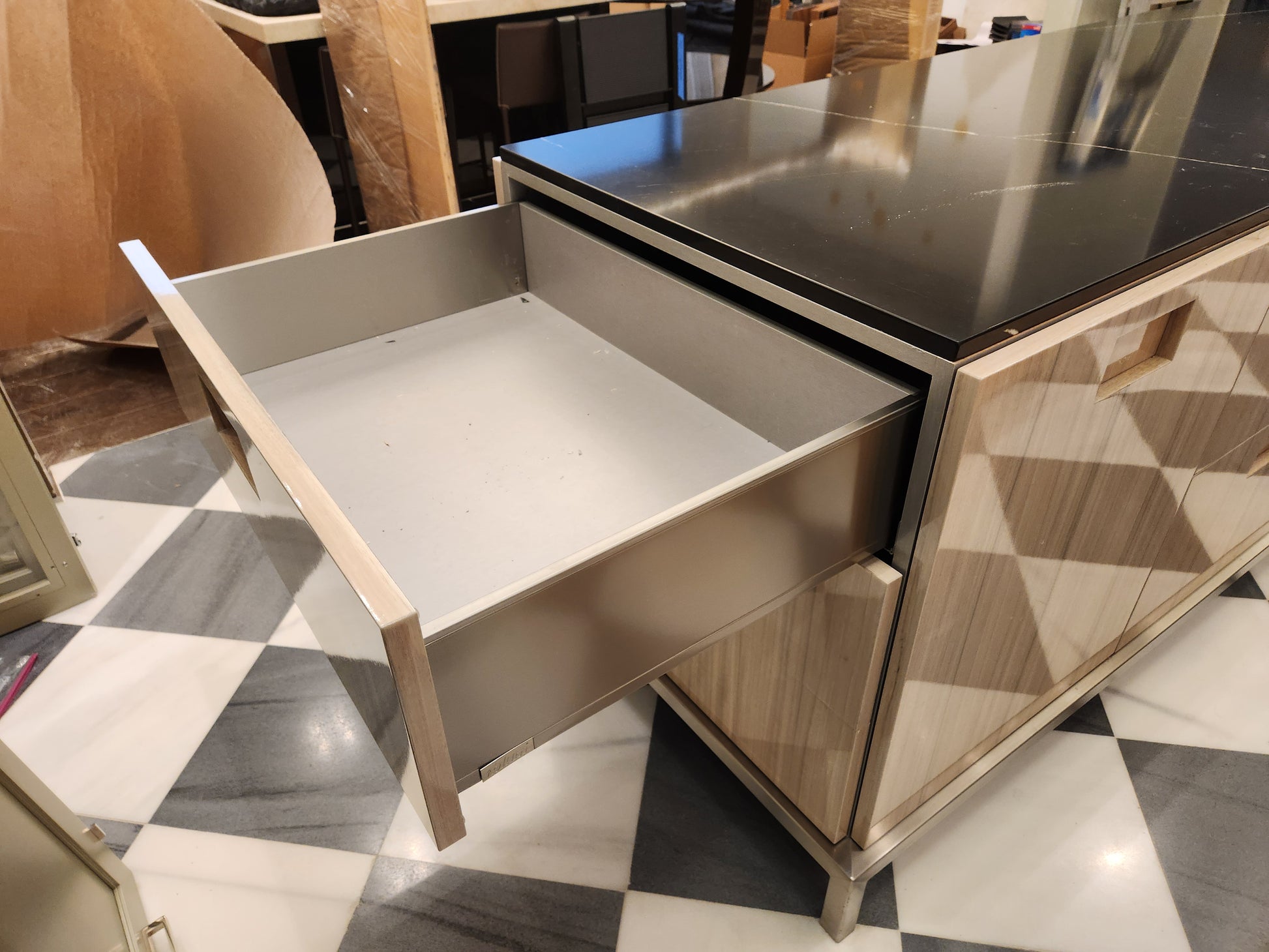 St. Charles Lacquer Paldao Freestanding Island with Dekton Countertop and Storage