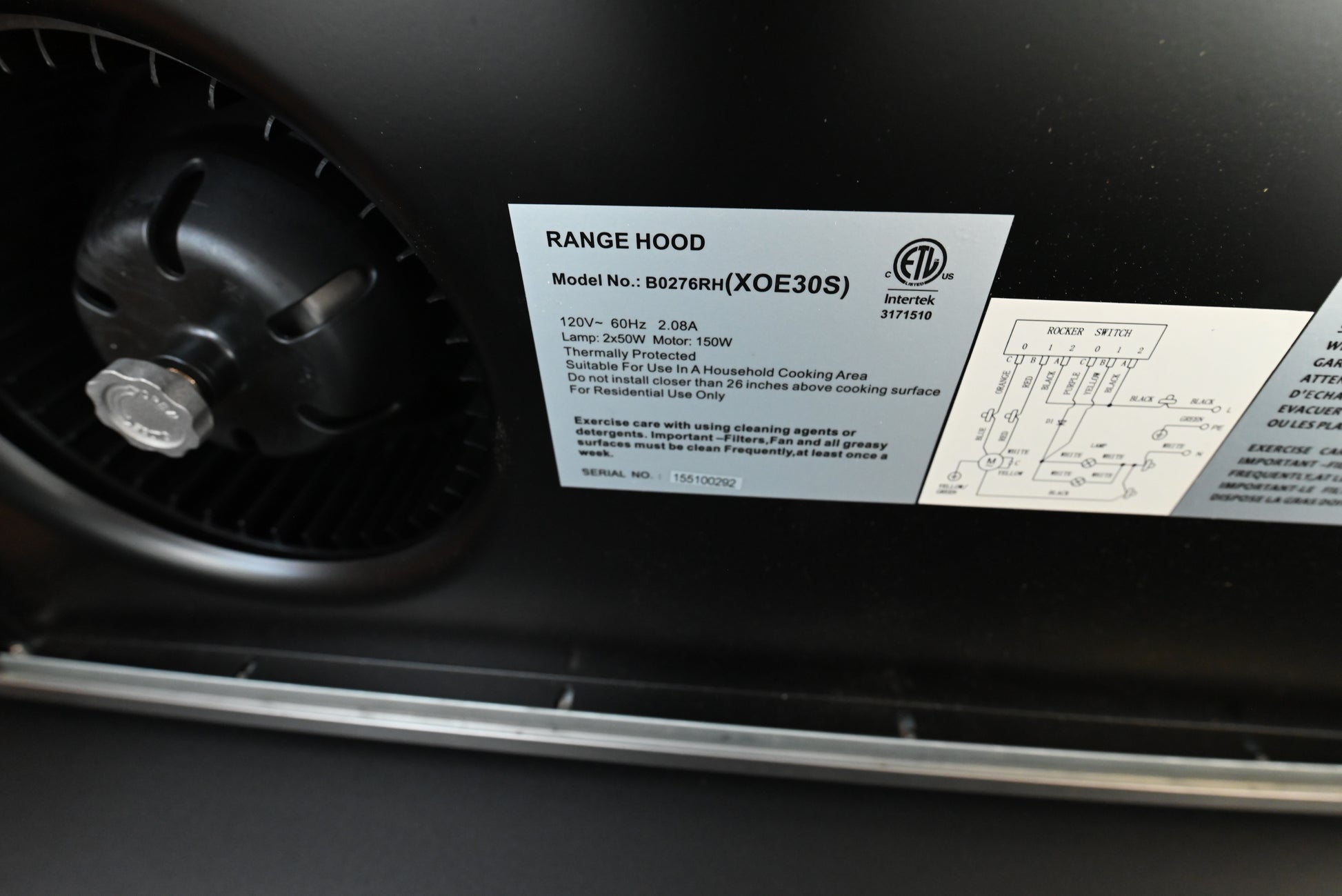 Professional under cabinet range hood with 350 CFM blower and rocker controls