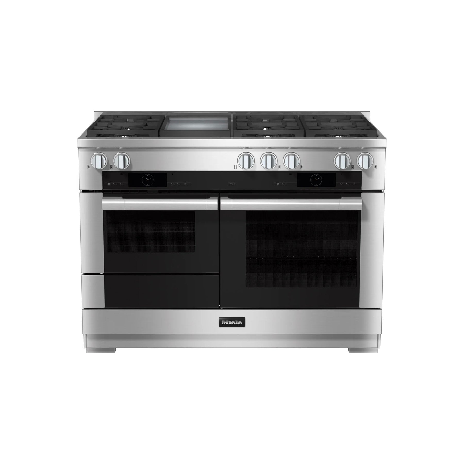 Miele HR 1956 3 G DF GD 48 inch dual fuel range front view in clean touch steel