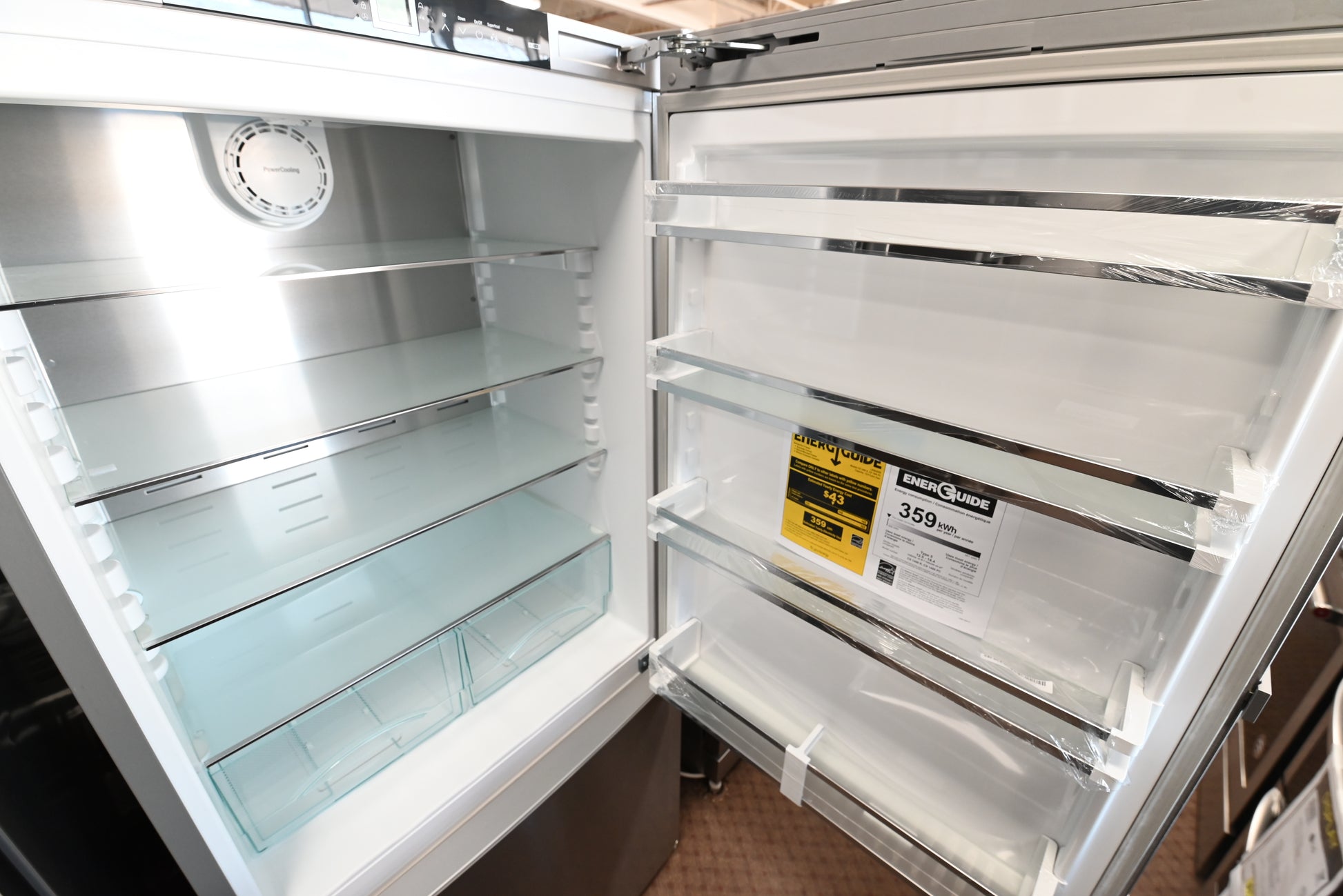 Interior view of Liebherr CS1400R showing GlassLine shelves and LED lighting
