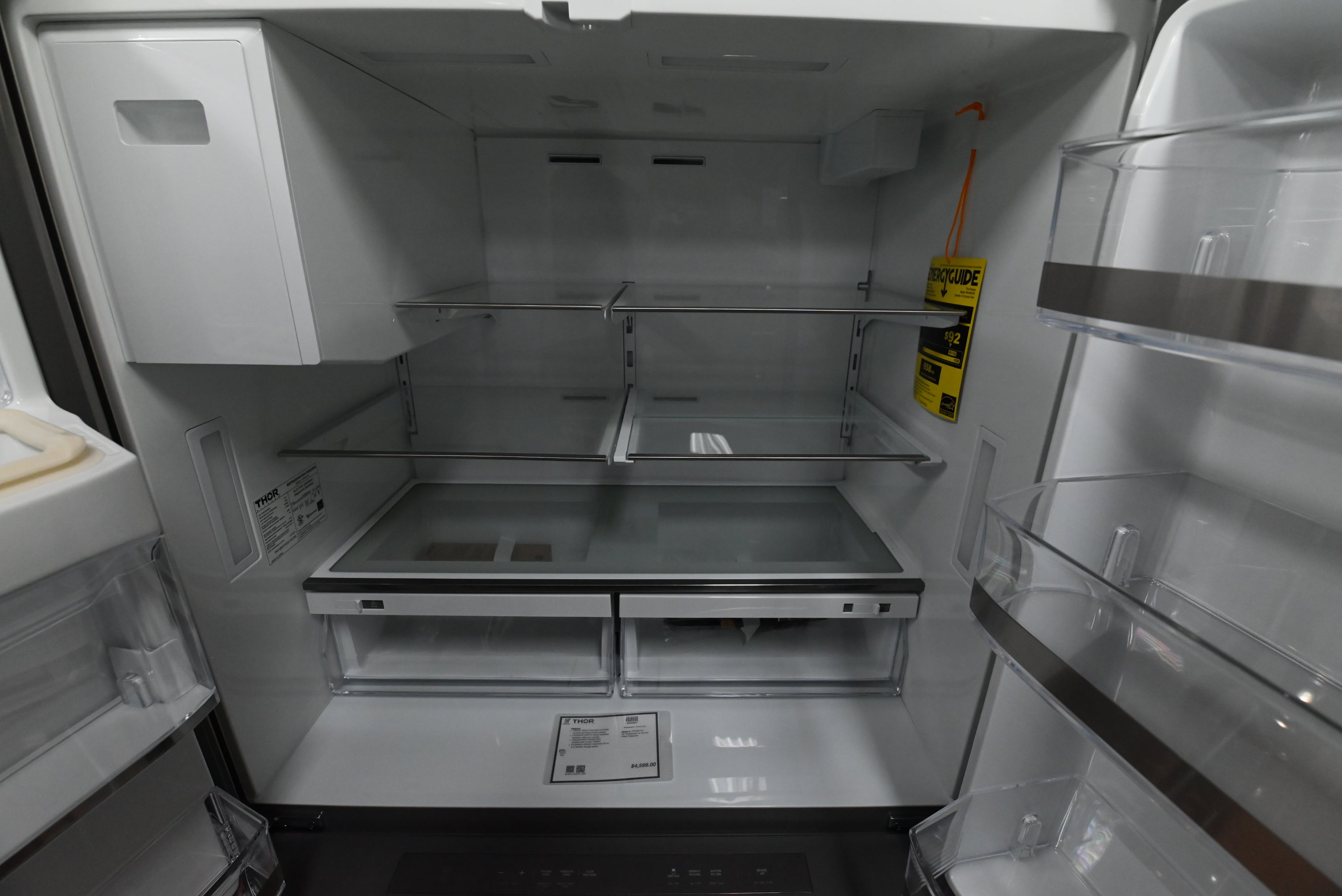 Thor 36 inch refrigerator open showing double freezer drawer runs and flex zone pan
