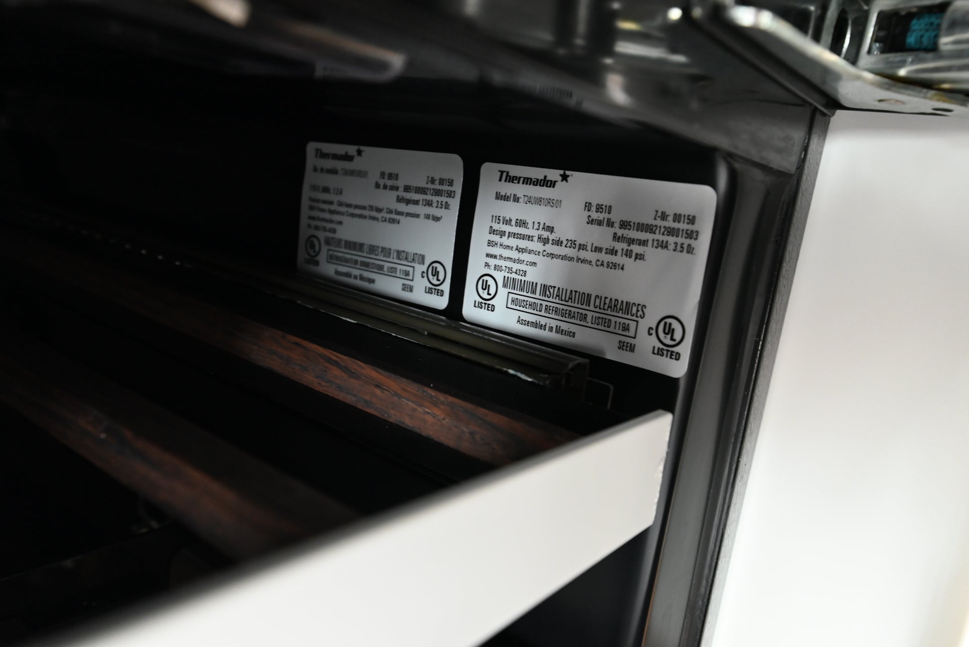 Thermador 24 wine refrigerator showing dual zone touch control center beam panel