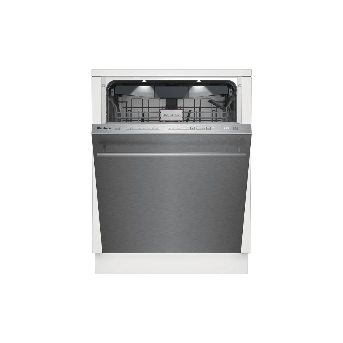 Blomberg DWT81800SS 24 inch fully integrated top control dishwasher front view brushed stainless steel with bar handle