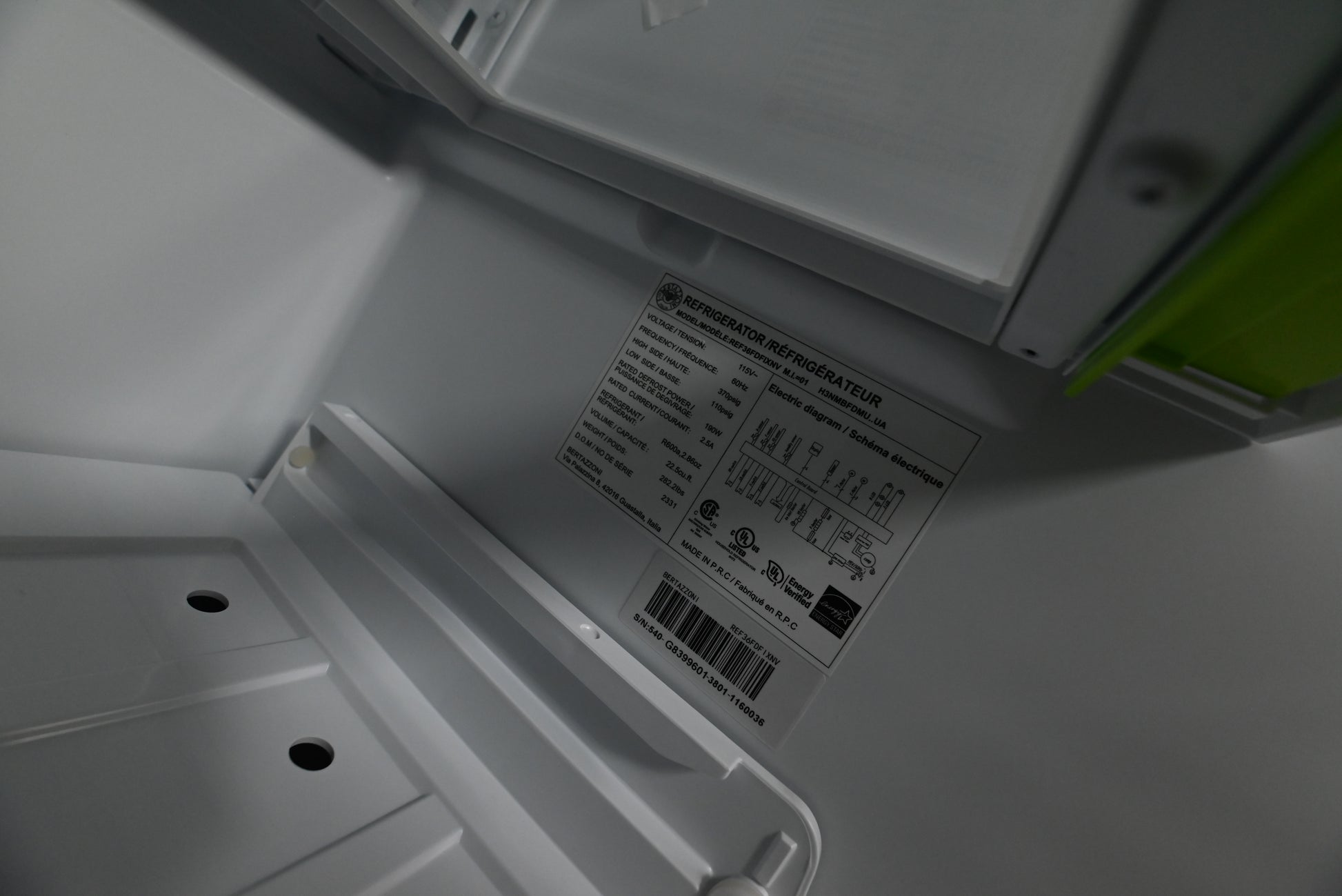 Bertazzoni French door fridge close up on bottom freezer drawer open showing automatic ice maker tray