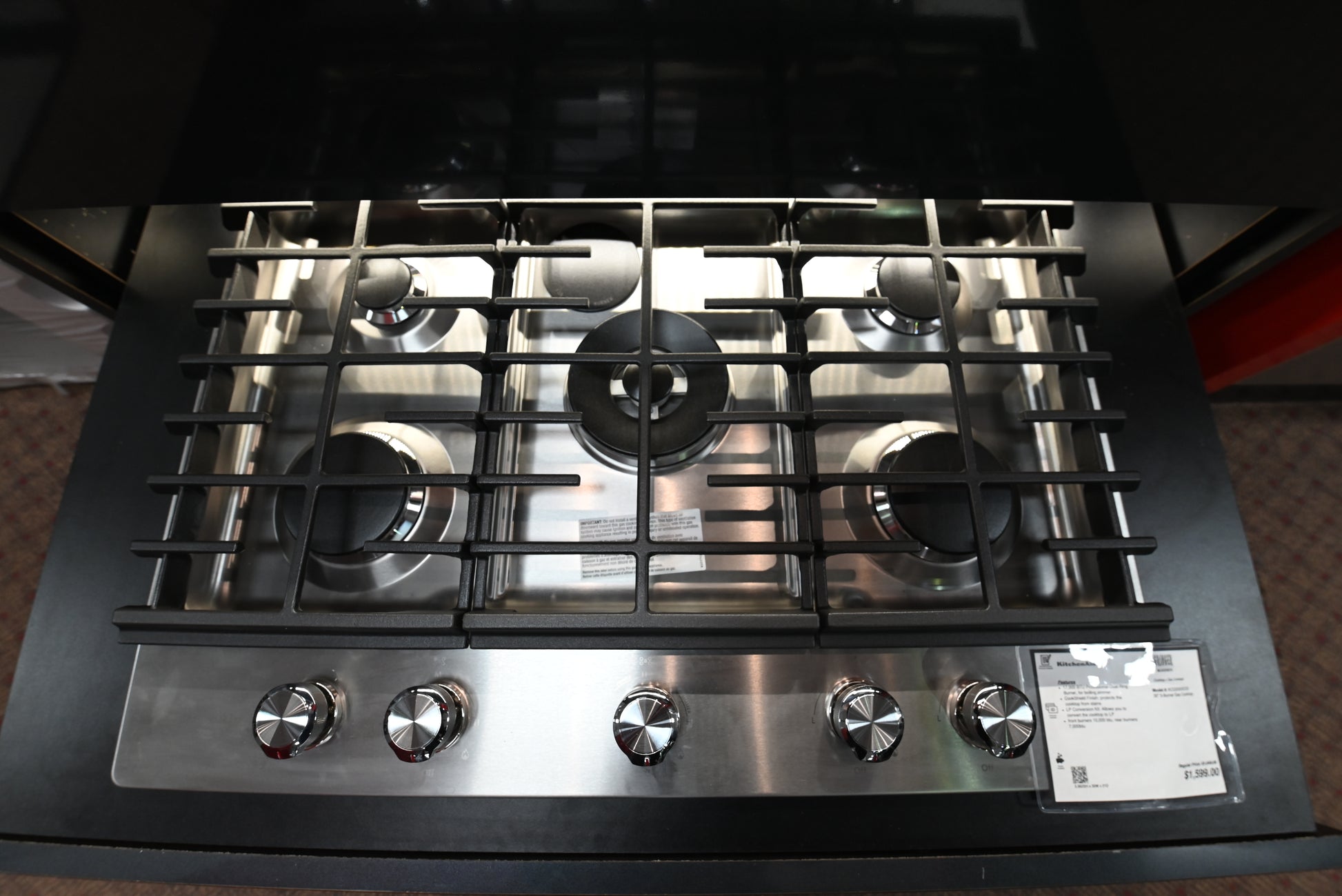 KitchenAid KCGS550ESS 30 inch built in gas cooktop in brushed stainless steel front profile view