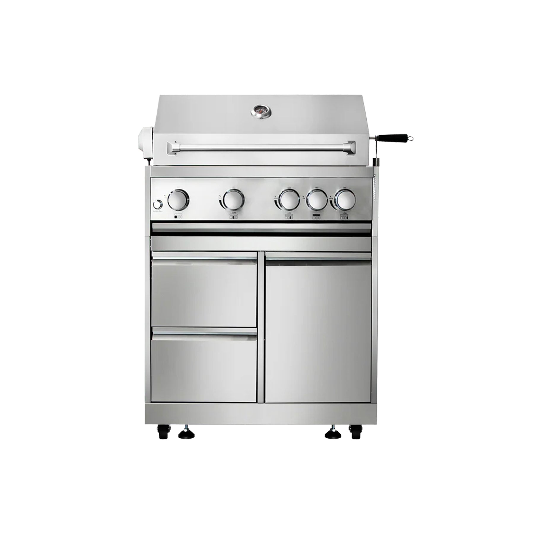 Thor Kitchen MK04SS304 32 inch professional gas grill mounted on matching stainless mobile double door cart