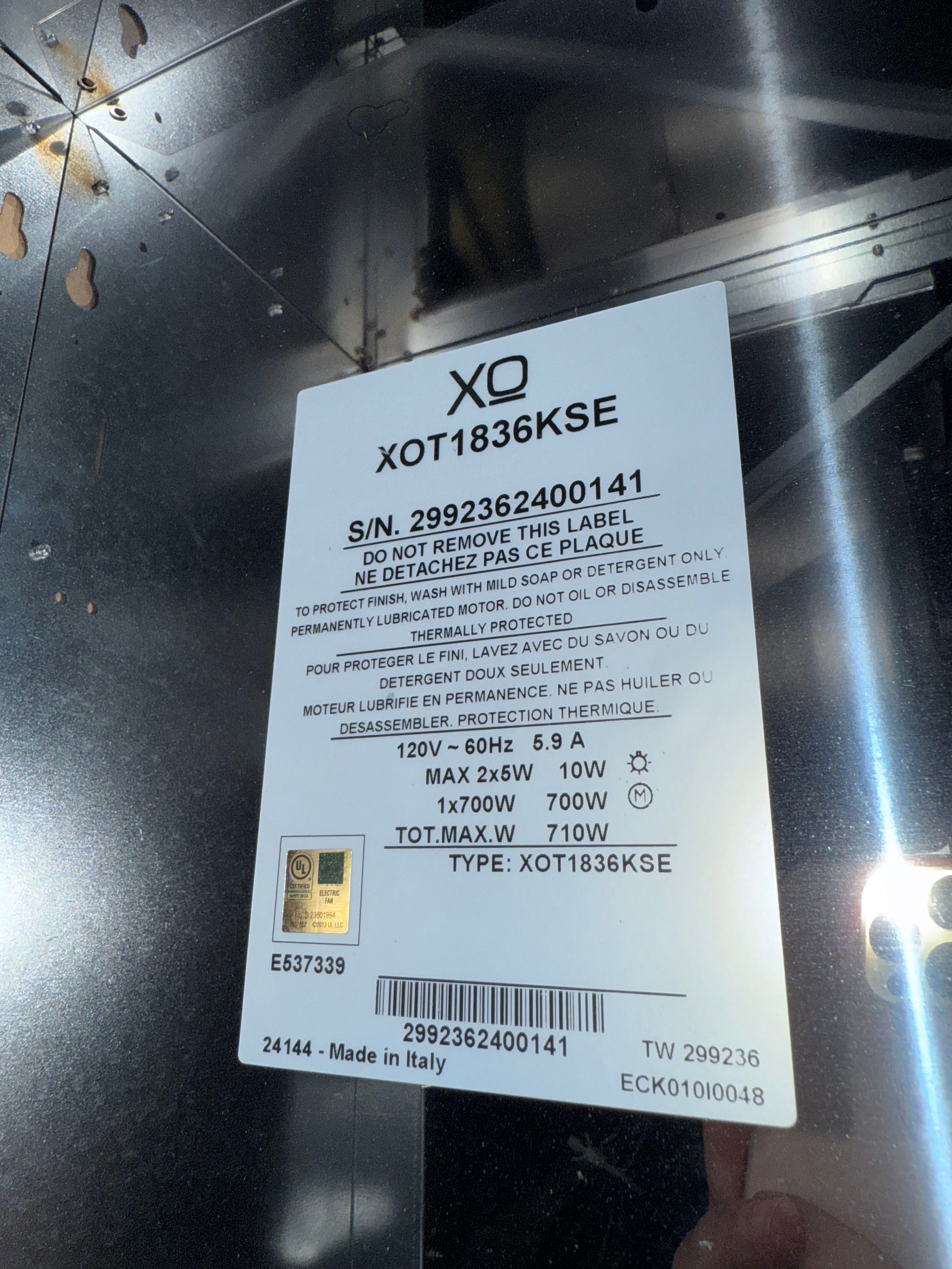 XO XOT1836KSE 36" Stainless Steel Wall Mount Canopy Range Hood