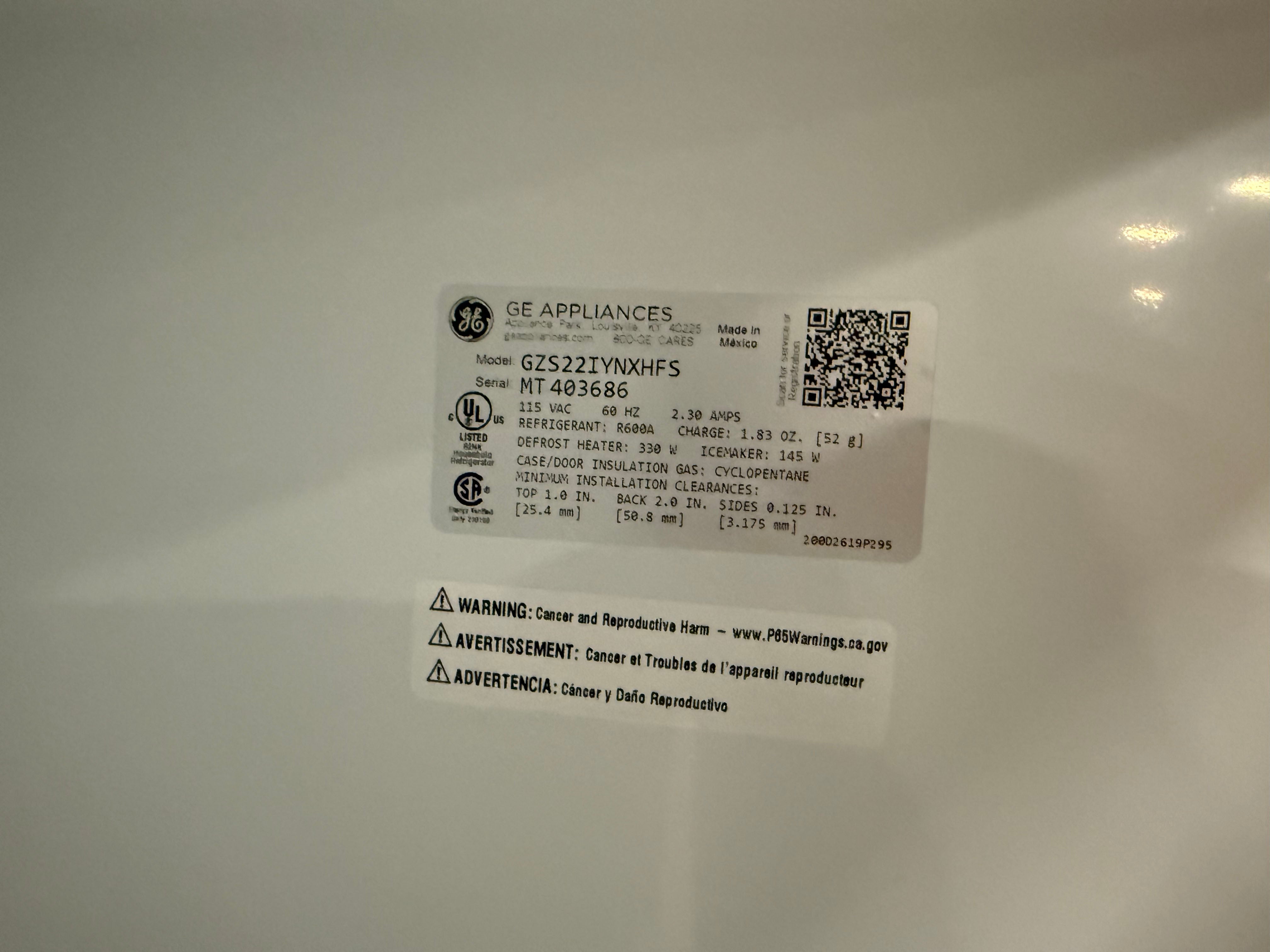 GE GZS22IYNFS 36" Stainless Steel Counter Depth Freestanding Side By Side Refrigerator