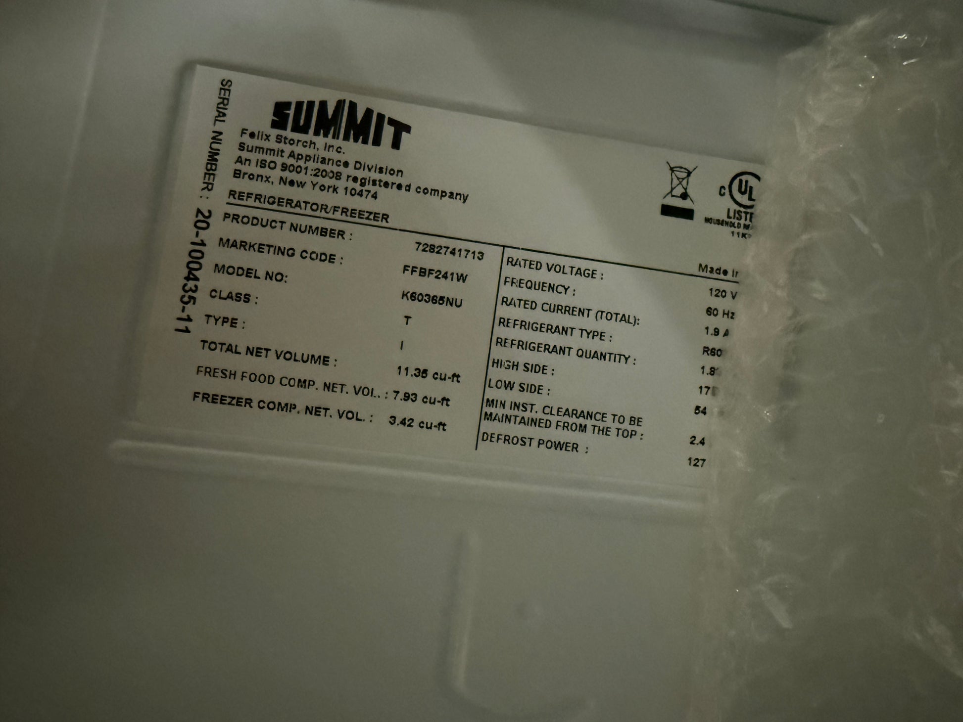 Summit FFBF241W 24" White Counter Depth Bottom Freezer Refrigerator