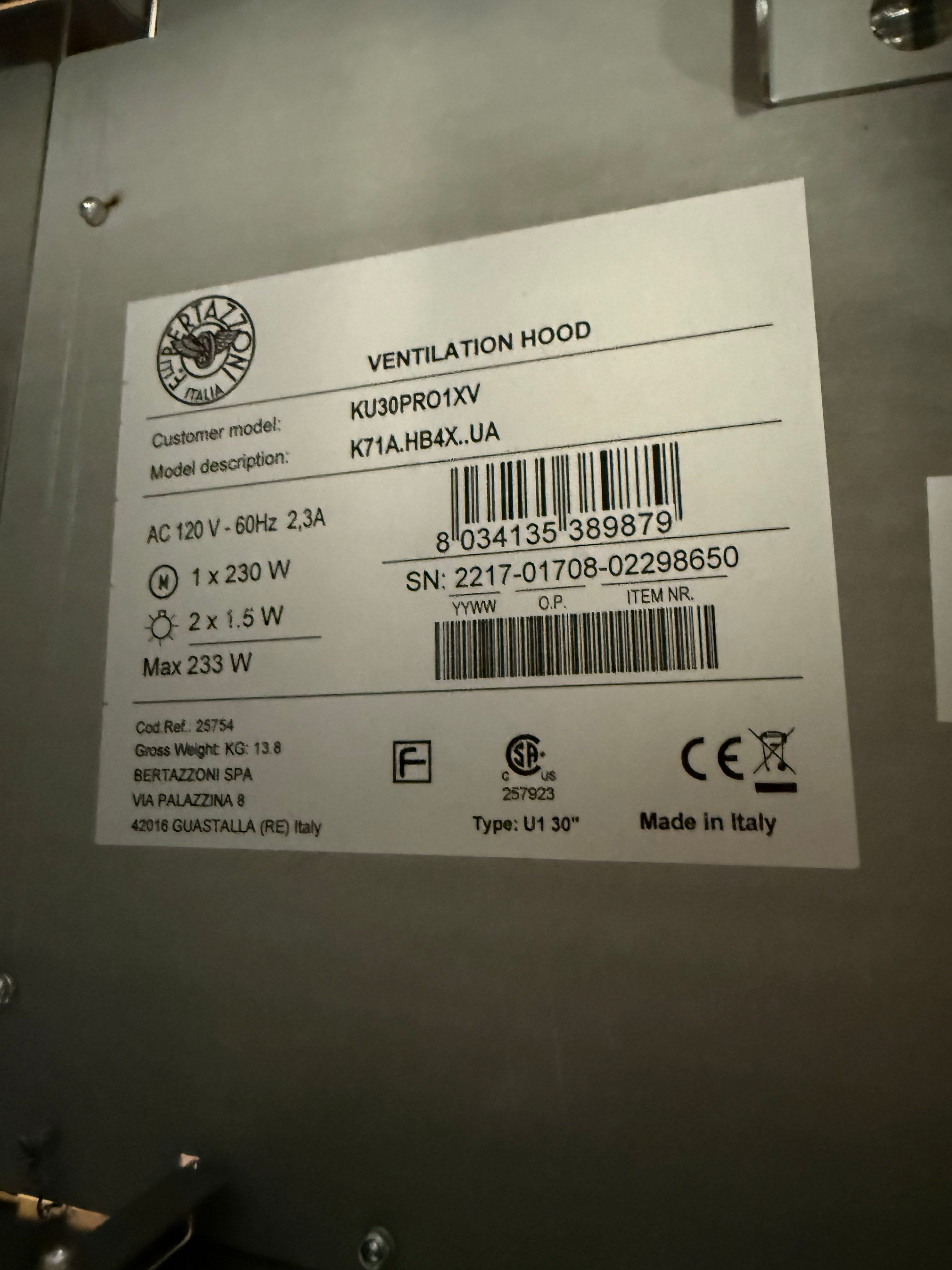 Bertazzoni KU30PRO1XV 30" Stainless Steel Under Cabinet Range Hood with Blower