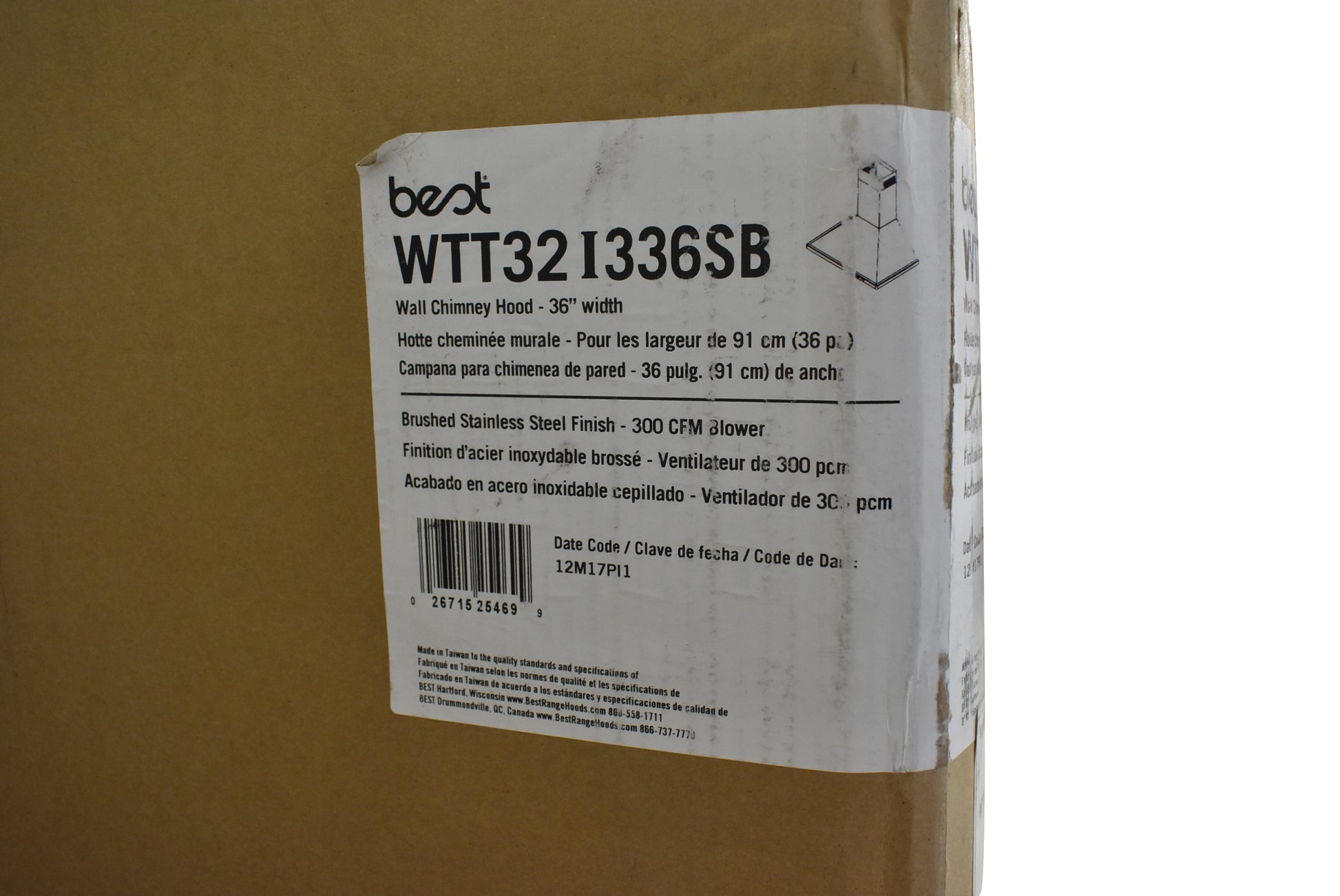 Best WTT32I336SB 36" Stainless Steel Chimney Wall Mount Hood, Blower Included