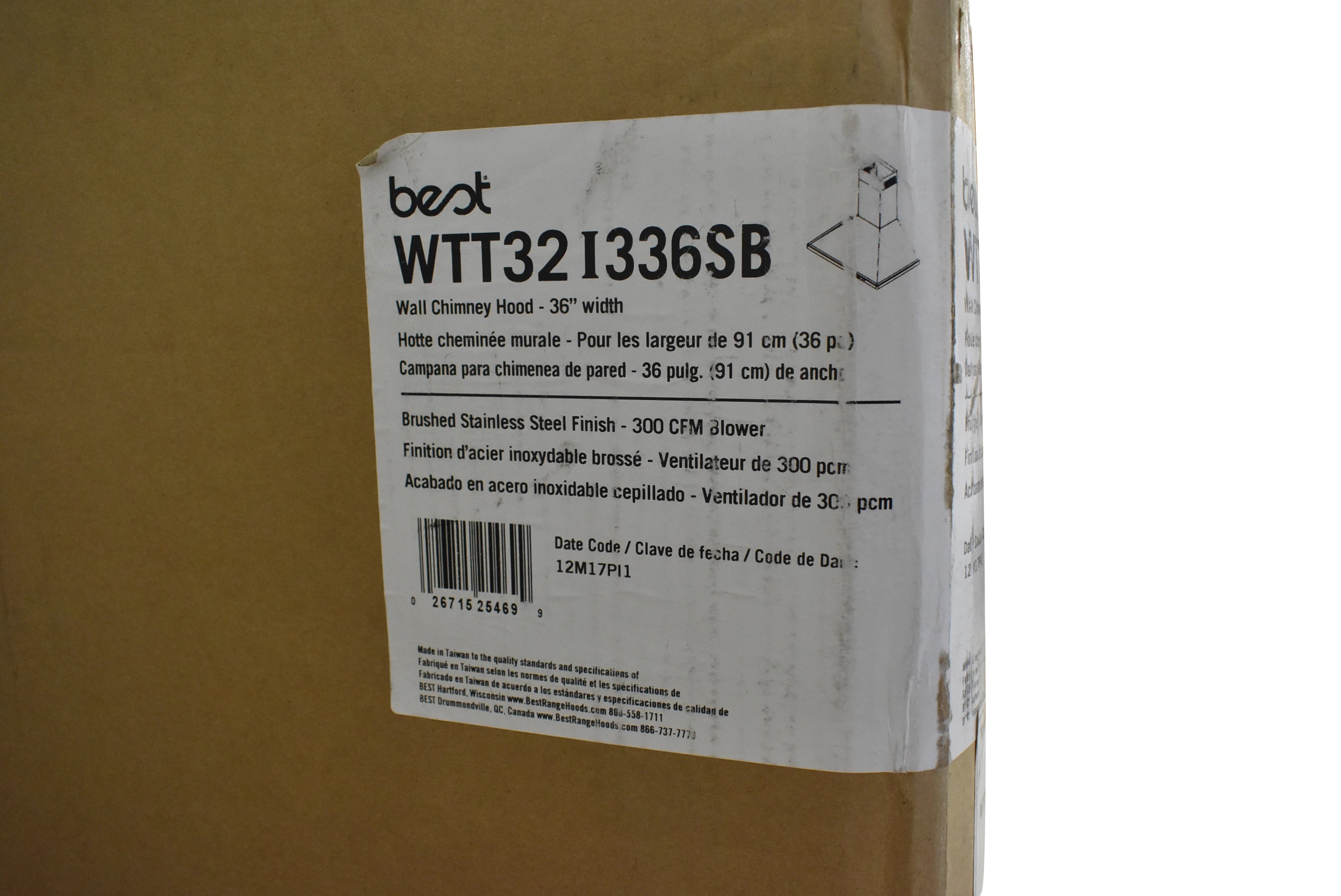 Best WTT32I336SB 36" Stainless Steel Chimney Wall Mount Hood, Blower Included