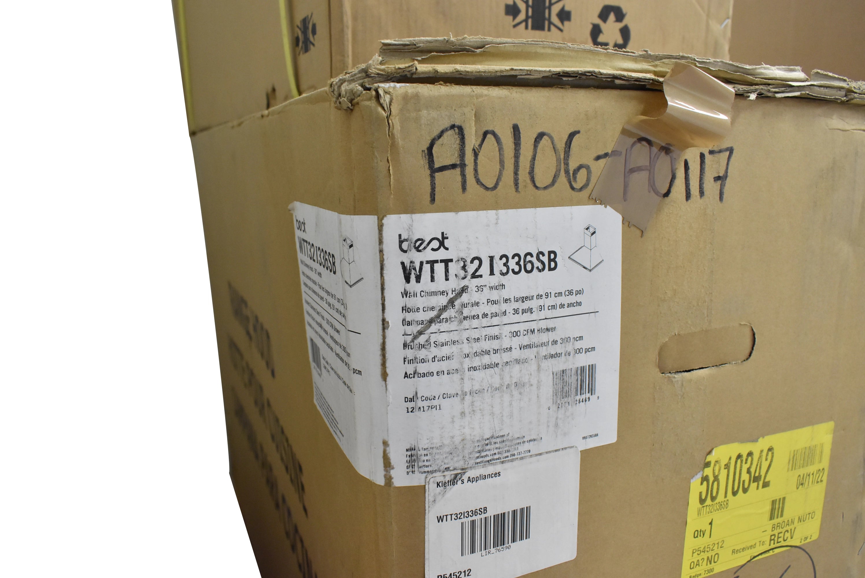 Best WTT32I336SB 36" Stainless Steel Chimney Wall Mount Hood, Blower Included