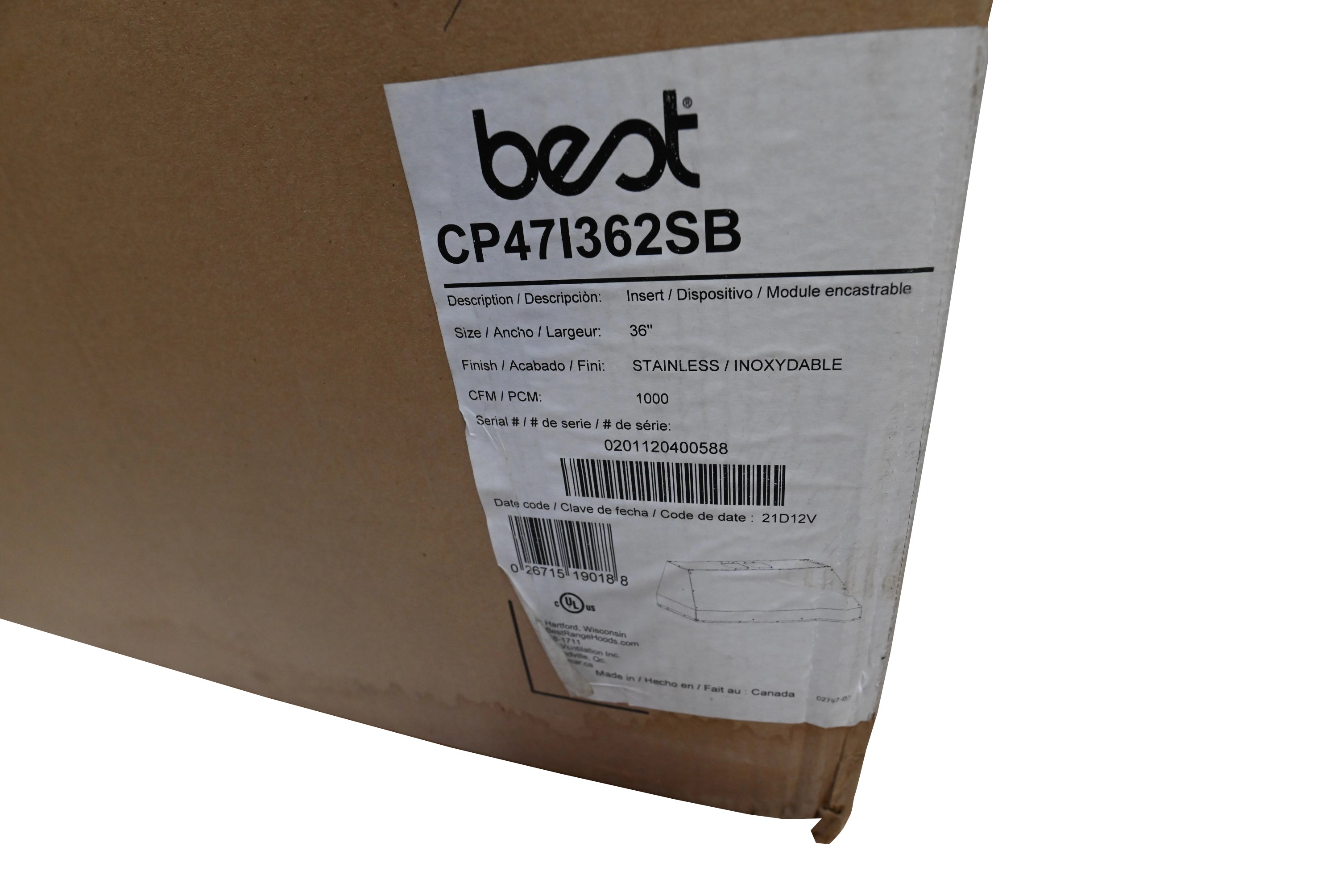 Best CP47I362SB 36" Stainless Steel Under Cabinet Hood Insert