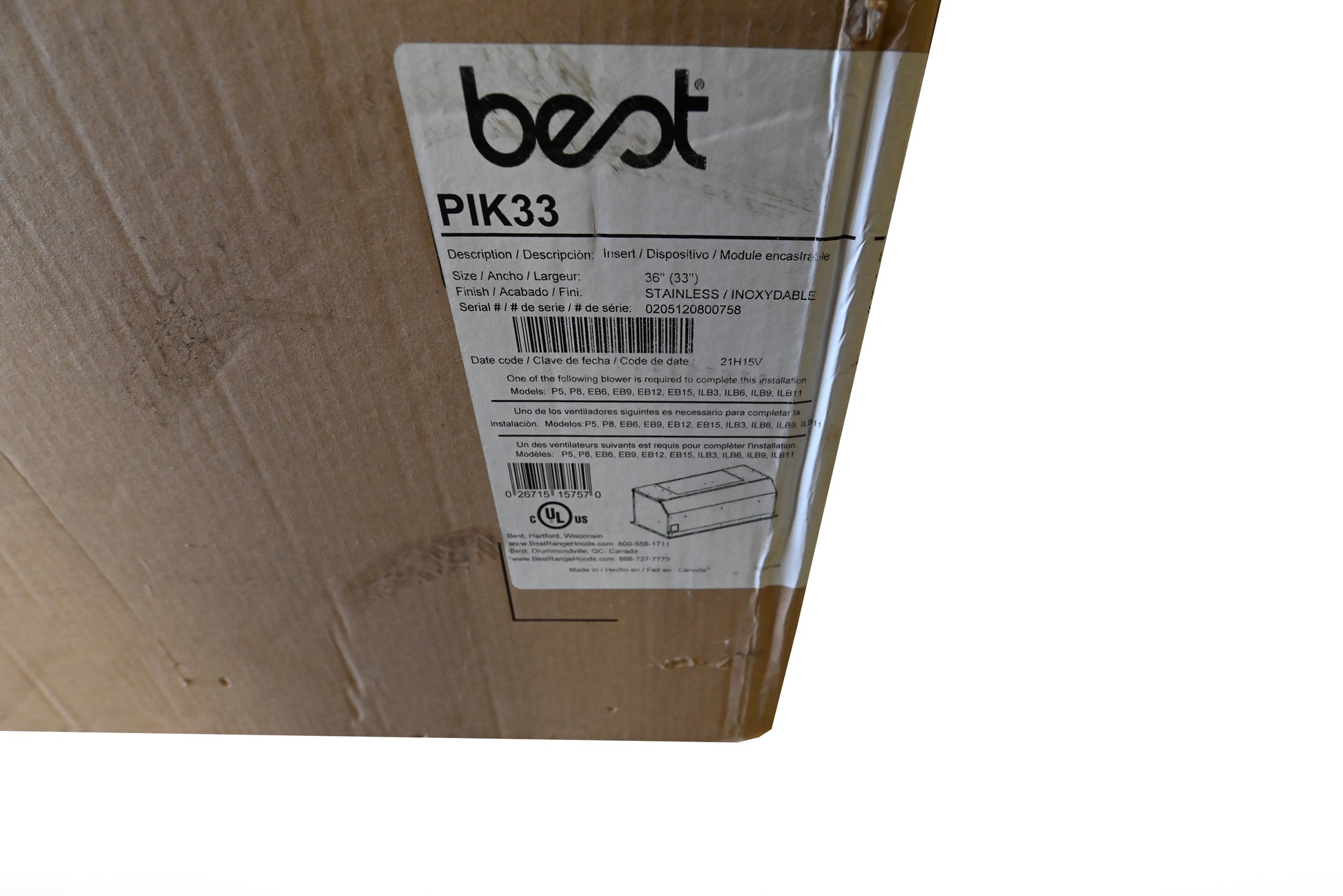 Best PIK33 34" Stainless Steel Under Cabinet Range Hood