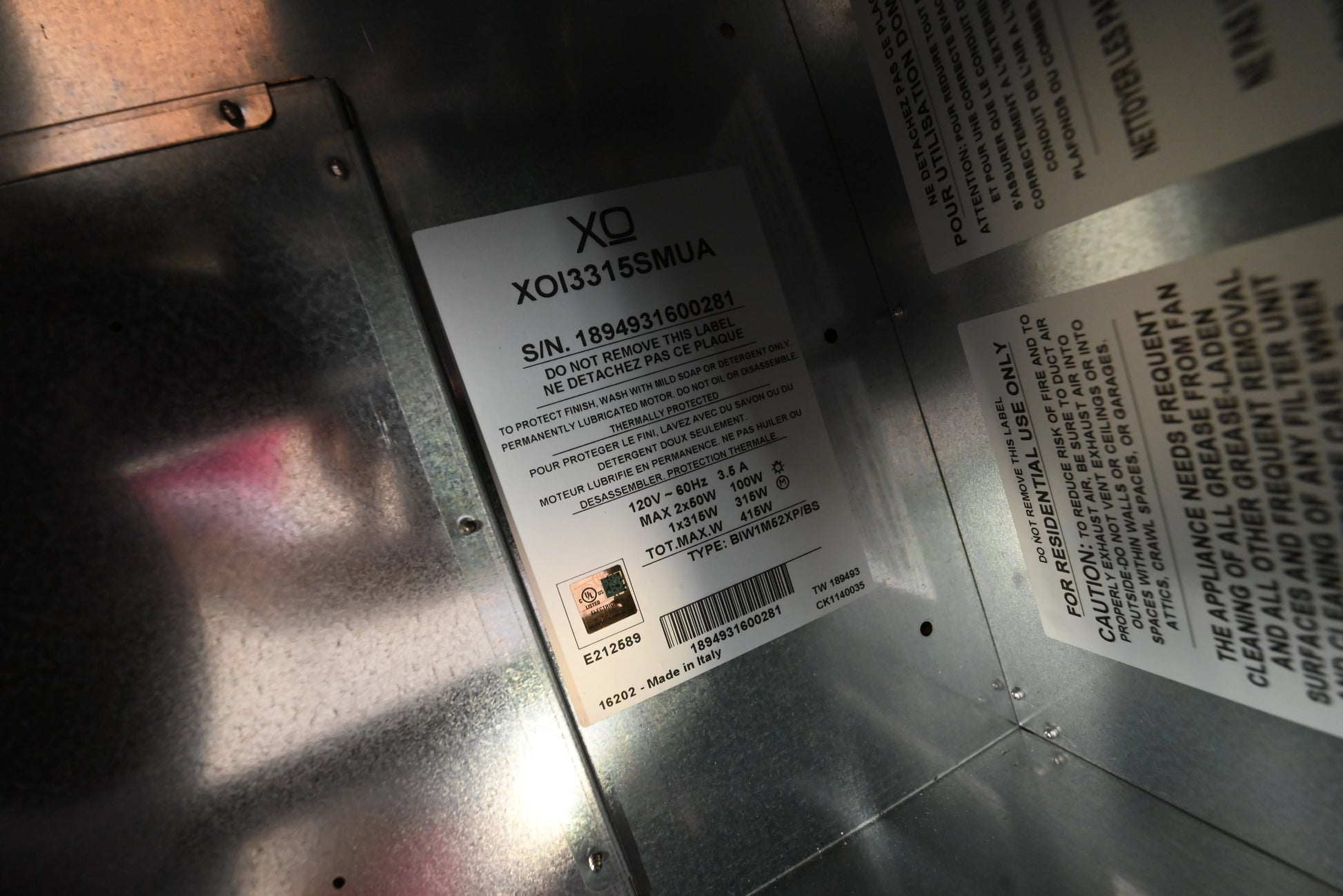 XO XOI3315SMUA 34" Stainless Steel Range Hood Insert