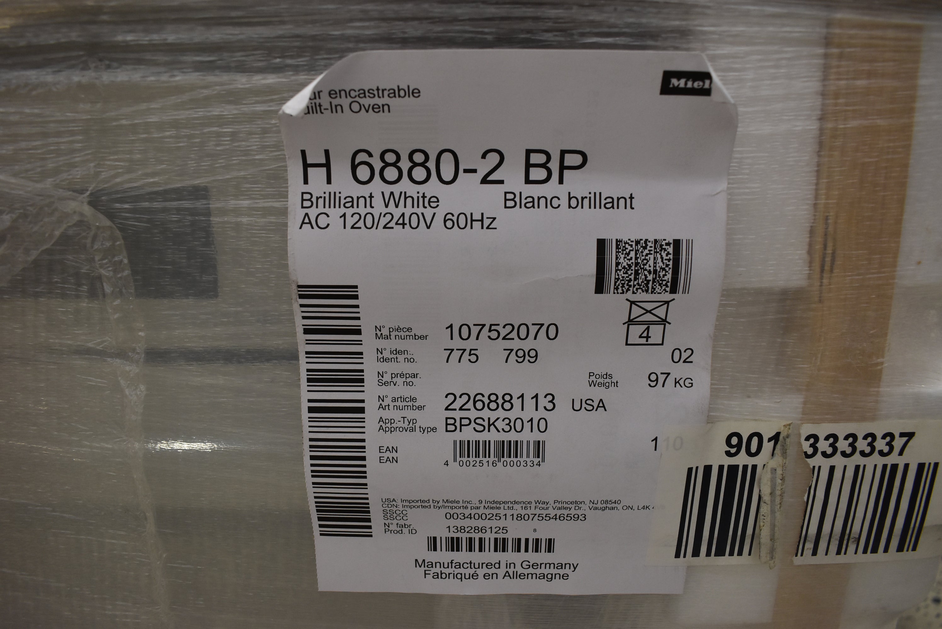 Miele H68802BP 30" White Electric Single Wall Oven