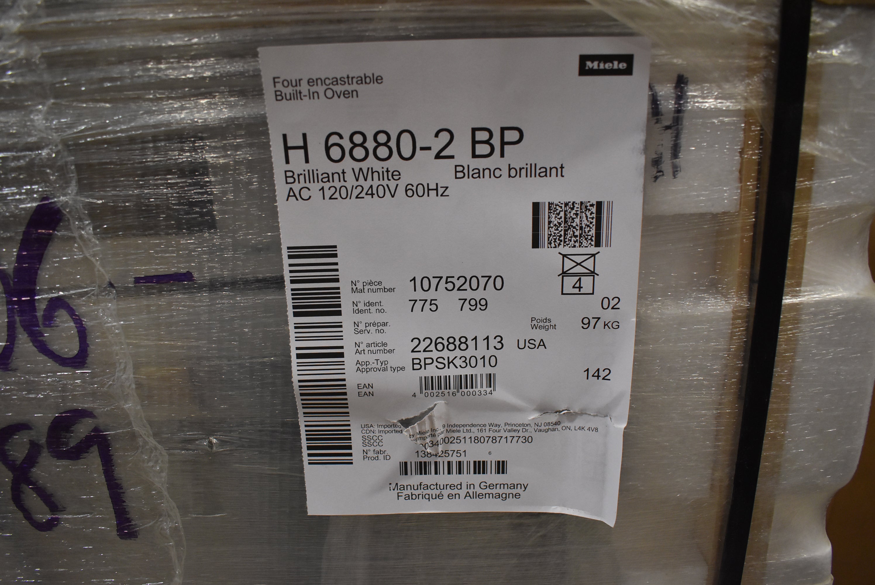 Miele H68802BP 30" White Electric Single Wall Oven