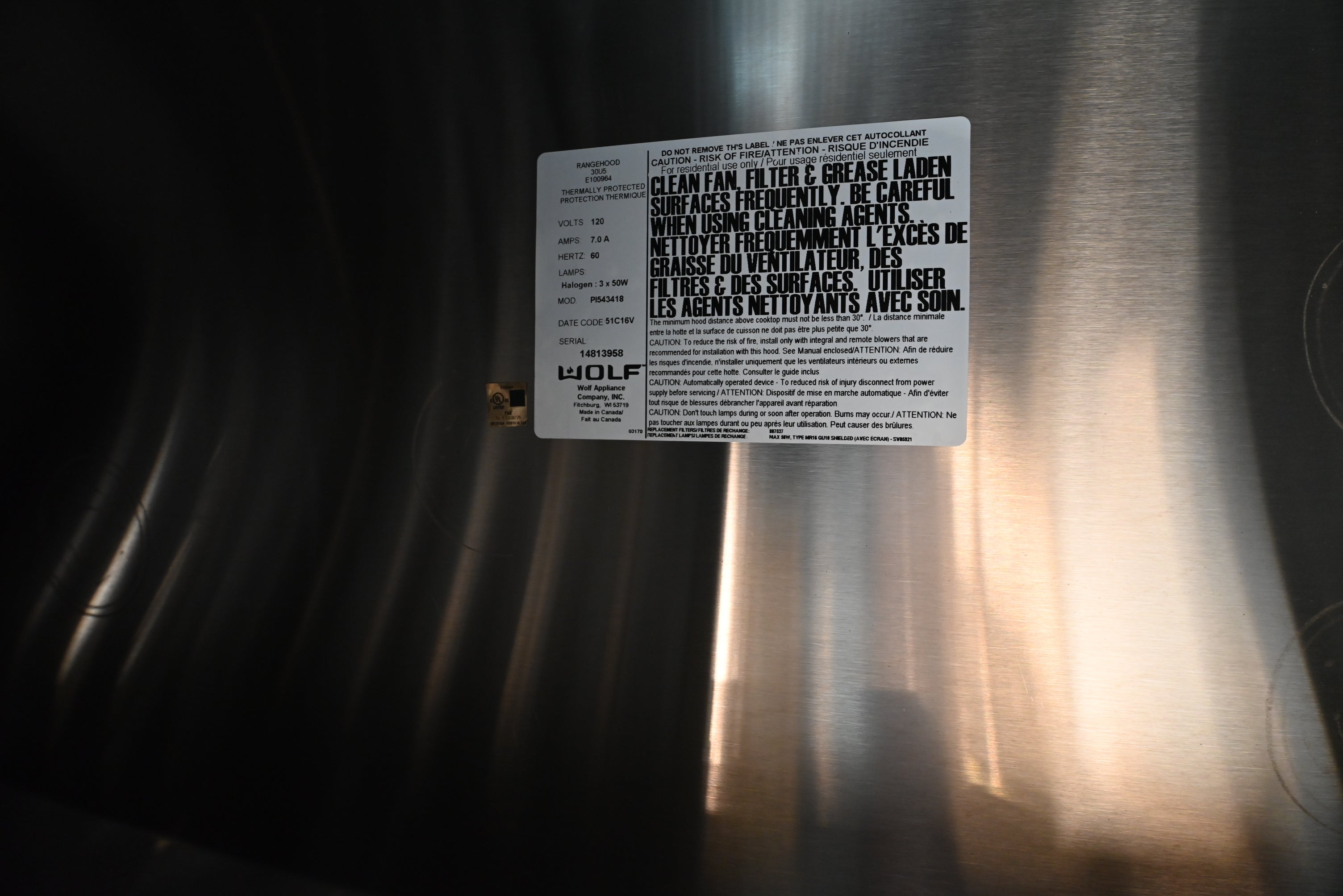 Wolf Certified PI543418 54" Stainless Steel Island Chimney Hood