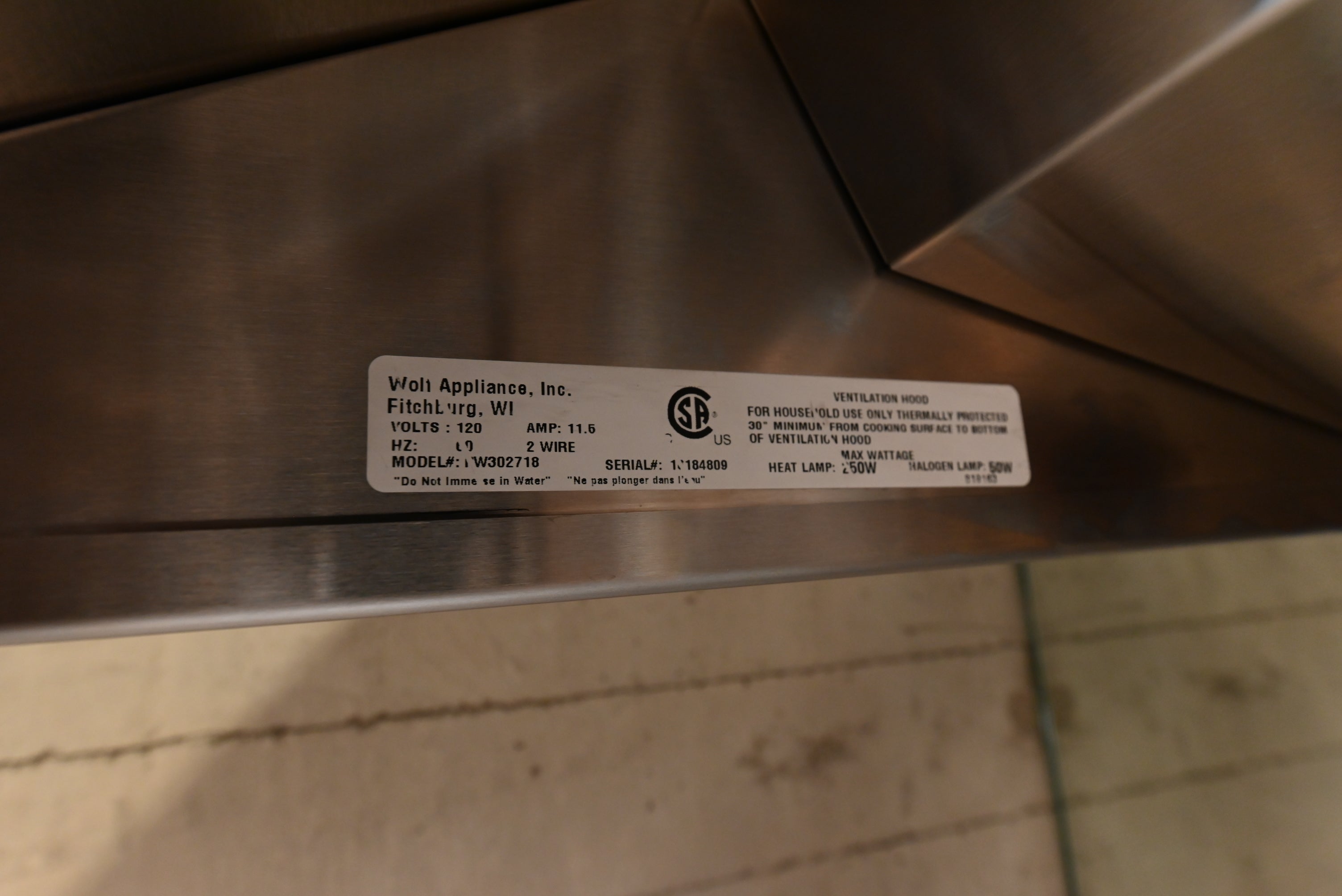 Wolf Certified PW302718 30" Stainless Steel Wall Mount Canopy Hood