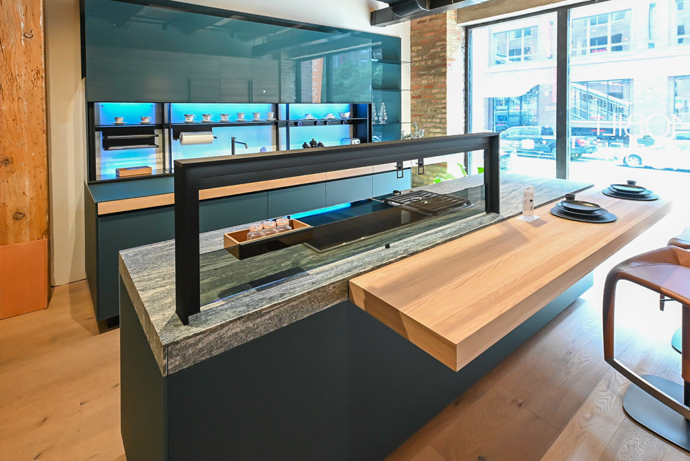 Valcucine Green Tea Glass Modern Showroom Kitchen with Island and Luxury Appliances