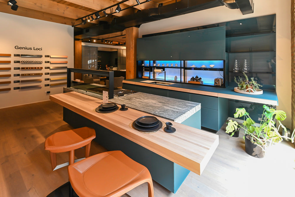 Valcucine Green Tea Glass Modern Showroom Kitchen with Island and Luxury Appliances