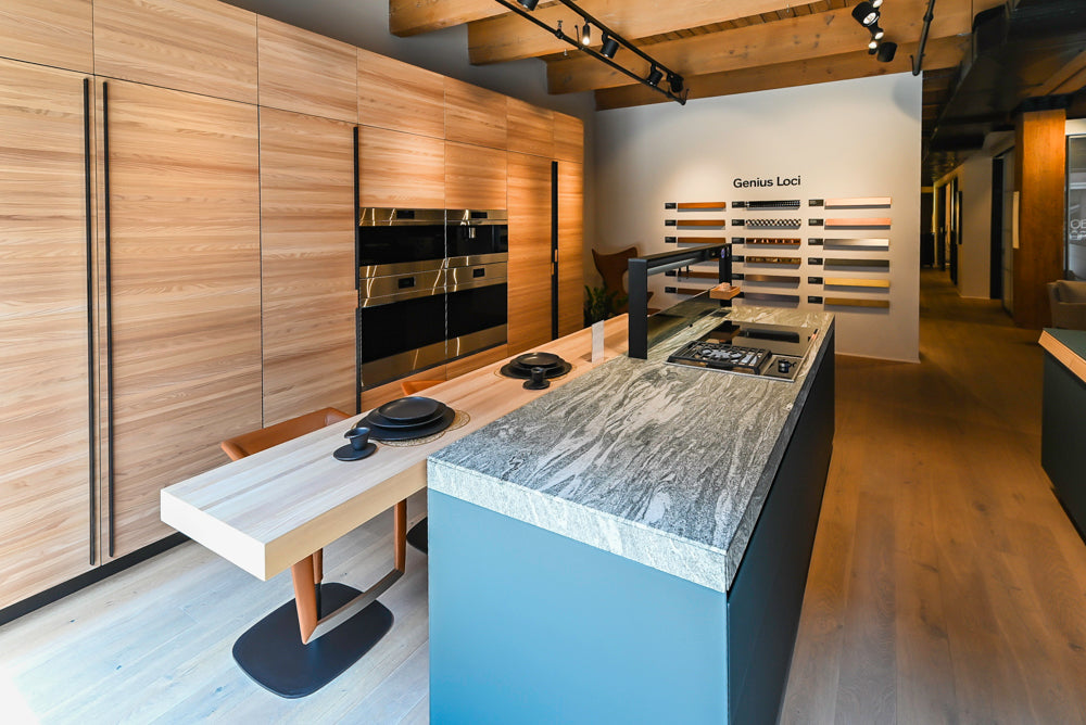 Valcucine Green Tea Glass Modern Showroom Kitchen with Island and Luxury Appliances