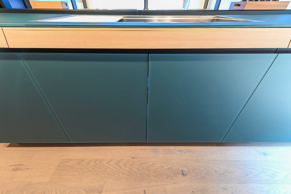 Valcucine Venture: Green Tea Glass Modern Kitchen with Island & Luxe Appliances