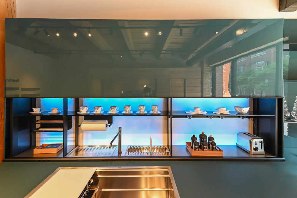 Valcucine Venture: Green Tea Glass Modern Kitchen with Island & Luxe Appliances