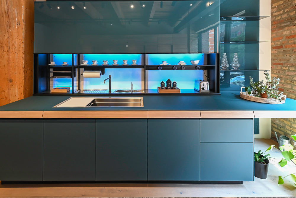 Valcucine Green Tea Glass Modern Showroom Kitchen with Island and Luxury Appliances
